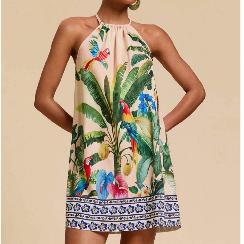 Summer Beach Tropical Print Short Halter Dress sz M - Picture 1 of 5